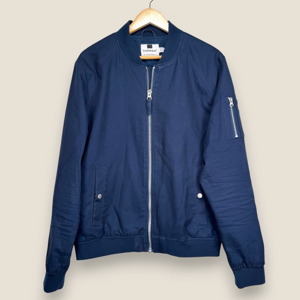 Topman Bomber Jacket Men Large Navy Blue Full Zip Pockets Cotton Lightweight